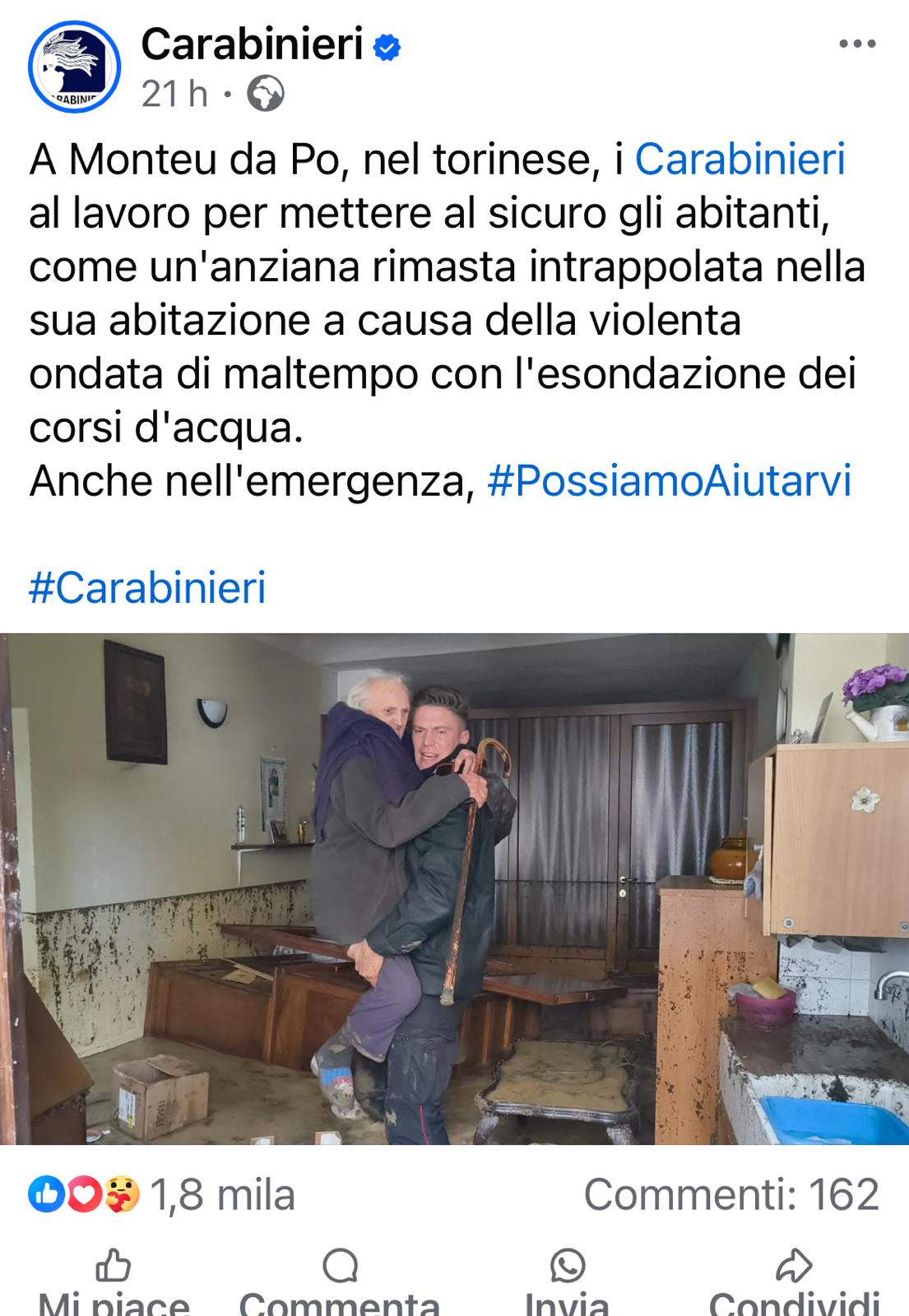 Maltempo in Piemonte: il ringraziamento del SIM ai Carabinieri in servizio nei territori colpiti